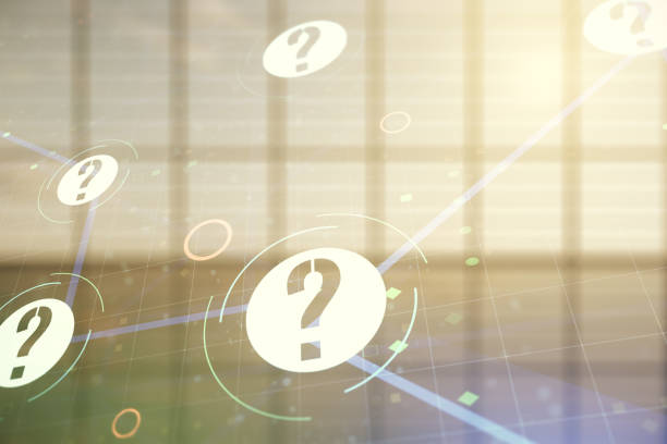 istock Abstract virtual question mark illustration on empty corporate office background. FAQ and search concept. Multiexposure 1311832672