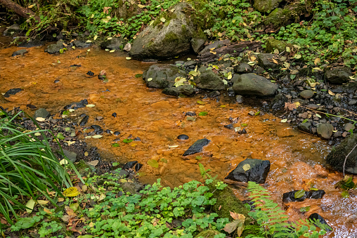 A small creek or steam flows with a strange orange sediment. Water flows diagonally across the frame.
