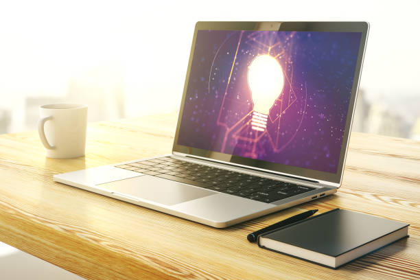 istock Creative light bulb illustration on modern computer monitor, future technology concept. 3D Rendering 1311832683