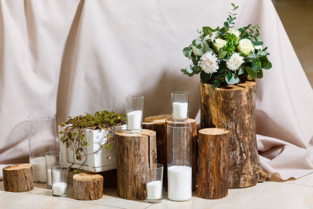 istock Newlyweds table setting decorated in rustic style. Nature theme in decoration 1311832696