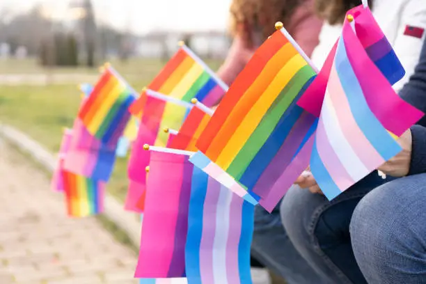 People sitting on a bench holding different flags for the protest defending the LGBTQ rights