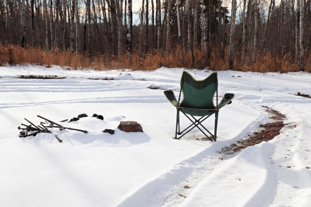 istock A camping chair in the snow beside a covered firepit 1311836496