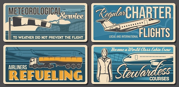 Airport, aviation retro vector banners. Meteorological service, airplane regular charter flights, airliner refueling, stewardess courses. Air traffic and international airlines planes, aircraft cards