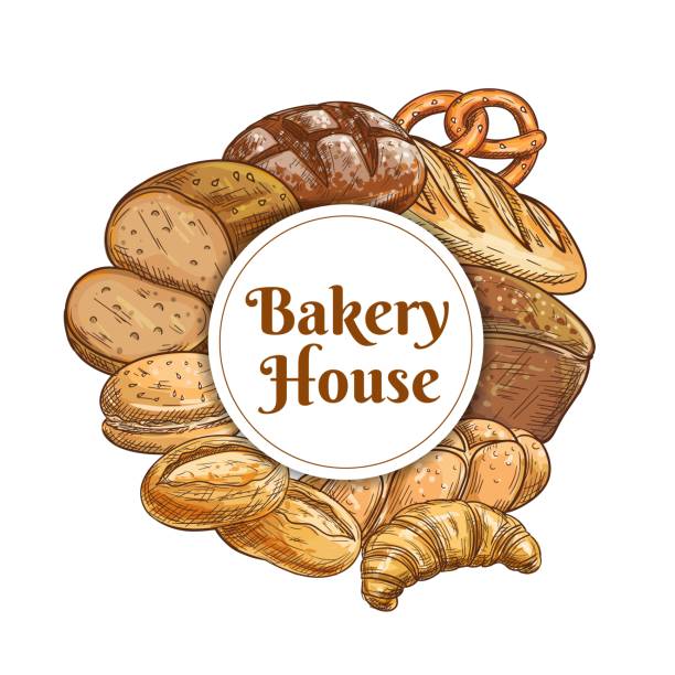 베이커리 하우스 와 페이스트리 숍 음식, 빵 스케치 - pretzel sesame vector snack stock illustrations