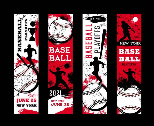 Baseball playoffs vector flyers sport grunge cards Baseball playoffs vector flyers, sport tournament vintage grunge cards with baseball player and equipment. Sportsman in helmet with bat hit ball on stadium, New York league, college game, championship baseball base icon stock illustrations