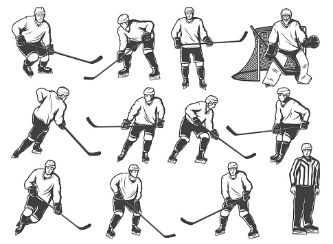 Ice hokey players icon, sport team playing on ice rink arena, vector icons. Ice hockey team players goalkeeper, referee and forward, winger and defenseman with puck and stick at goal gates