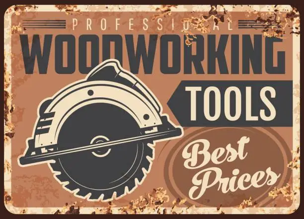 Vector illustration of Lumber woodwork metal plate rusty, jigsaw tool