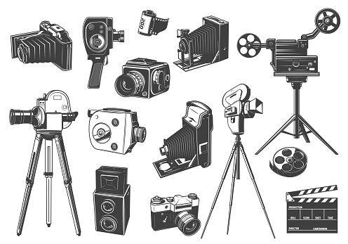 Retro photo and movie cameras, cinema projector icons. Home movie, full and medium format photo cameras, 35 mm film roll and clapperboard engraved vectors. Photography and cinematography old equipment