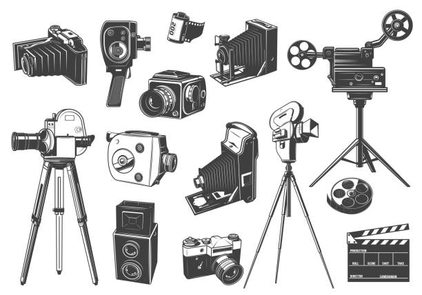 Retro photo and movie cameras on tripod vector set Retro photo and movie cameras, cinema projector icons. Home movie, full and medium format photo cameras, 35 mm film roll and clapperboard engraved vectors. Photography and cinematography old equipment vintage video camera stock illustrations