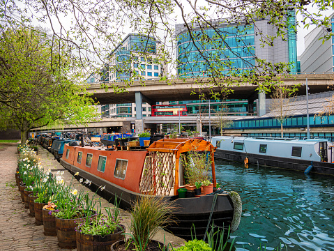 Boats on the famous Grand Union Canal in the Little Venice area in the springtime - London, England