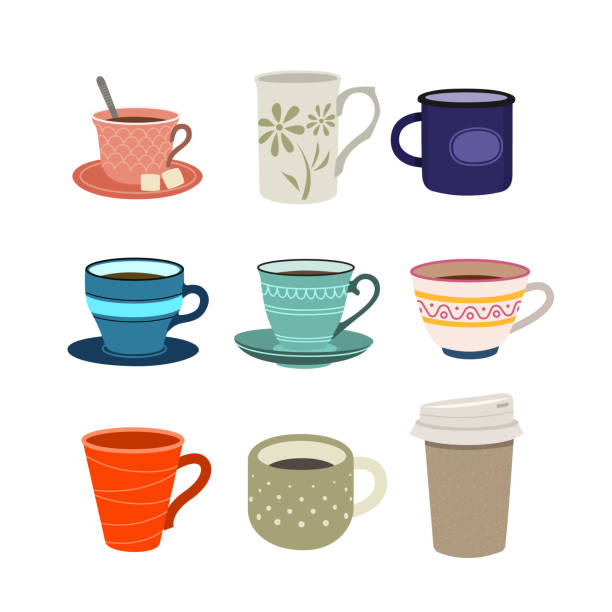 ilustraciones, imágenes clip art, dibujos animados e iconos de stock de juego de tazas, estilo de diseño plano. - tea cup