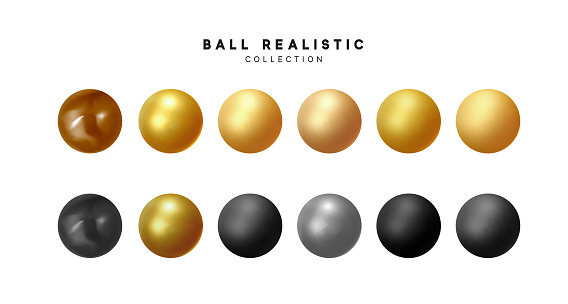 Set of 3d render balls. Round Sphere, geometric objects, pearl made of metal and plastic. Balls matte and glossy, gold and beige, black brown, silver colors. vector illustration