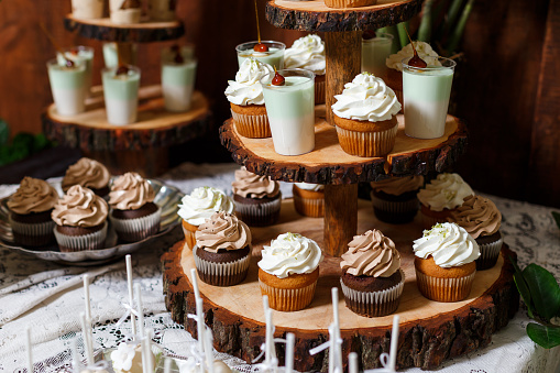 Candy bar on wooden wedding party with a lot of different candies, cupcakes and cakes. Decorated in brown and green colors, nature and eco theme, indoor