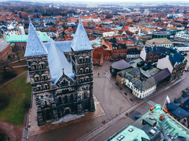 Lund Cathedral in Winter in Skåne, Sweden stock photo