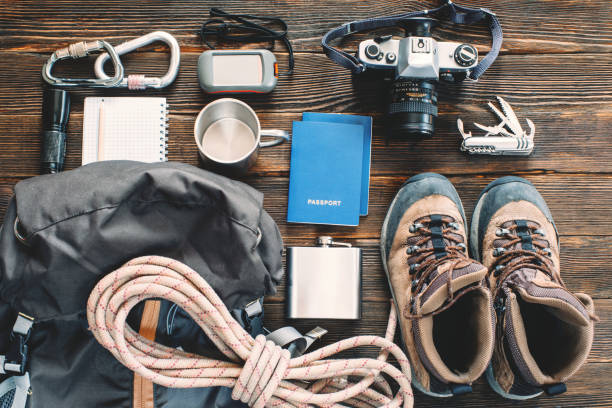 istock Top view travel equipment flat lay, survival gear 1311846103