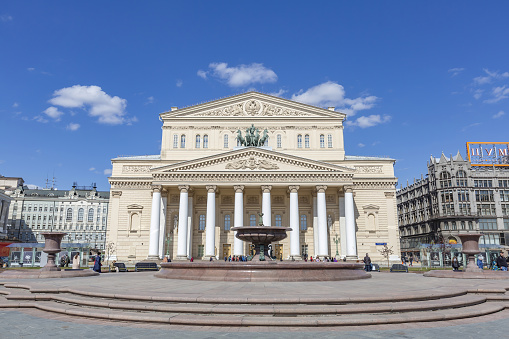 Moscow, Russia - April 10, 2021: Exterior of the historic building of the Bolshoi Theater. Founded in 1776. Symbol of Russia for all time