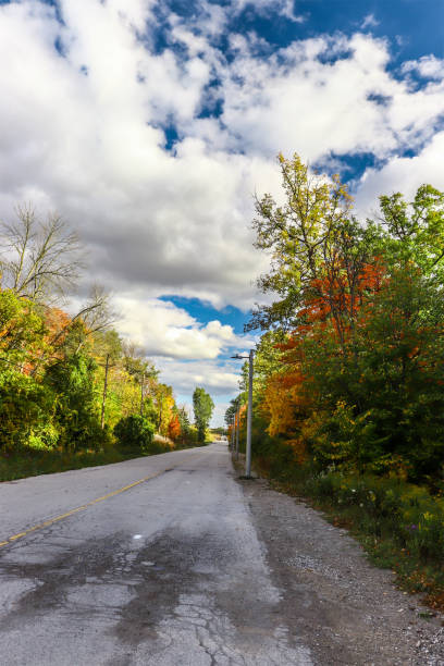 istock Cloud filled sky above a lonely road with beautiful fall foliage, ON, Canada 1311852207