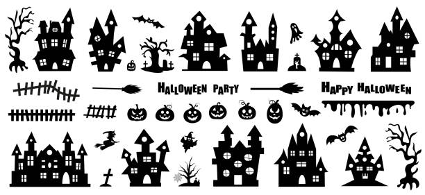 ilustraciones, imágenes clip art, dibujos animados e iconos de stock de conjunto de iconos de halloween. casa embrujada de halloween aislada sobre un fondo blanco. ilustración vectorial - city night spooky skyline