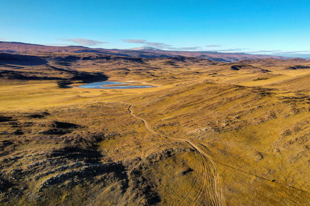 alrededores del lago baikal. estepa de tazheran en otoño. vista aérea. - estepa fotografías e imágenes de stock