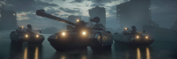 Military silhouettes three tanks on war fog sky background. Tanks battle. War Concept. 3d rendering Military silhouettes three tanks on war fog sky background. Tanks battle. War Concept. 3d rendering. armored tank stock pictures, royalty-free photos & images