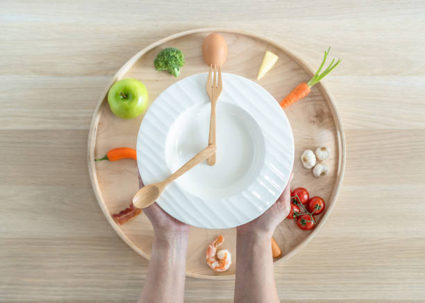 istock Intermittent fasting IF diet concept with 8-hour clock timer for eating nutritional or keto low carb, high fat and protien food meal healthy dish and 16-hour skipping meal for weight loss 1311862762