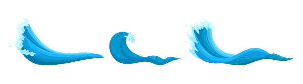 Flooding tsunami waves set. Rising water for big wave surfing. Cartoon vector illustration Flooding tsunami waves set. Rising water for big wave surfing. Cartoon vector illustration isolated in white background coil tubing stock illustrations