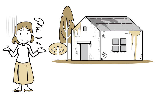 illustrazioni stock, clip art, cartoni animati e icone di tendenza di illustrazione della casa semplice linea-una casa miseramente desolata - miseramente