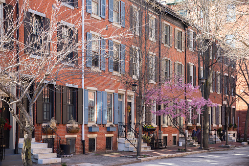 Rows of brownstone apartment buildings in Center City with windows, stoops and planters in Philadelphia