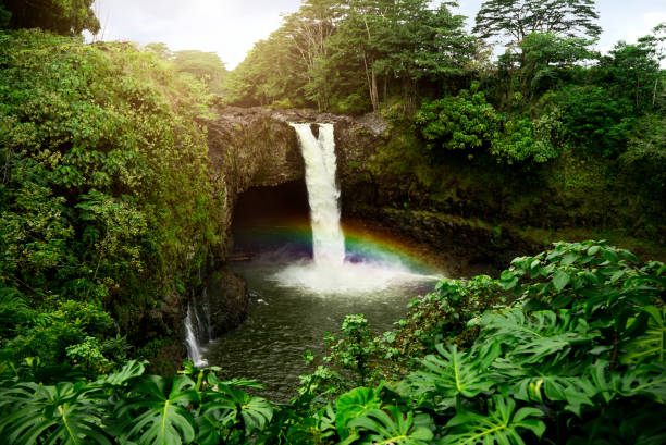 Rainbow Falls Waterfall in Hilo, Big Island Hawaii stock photo