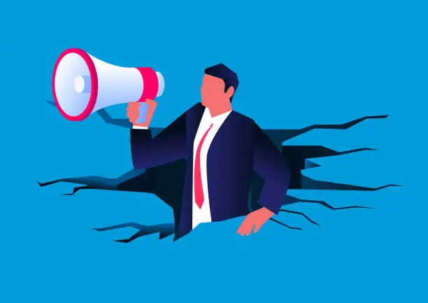 Vector illustration of Businessman stuck in a cracked ground and holding a megaphone calling for help
