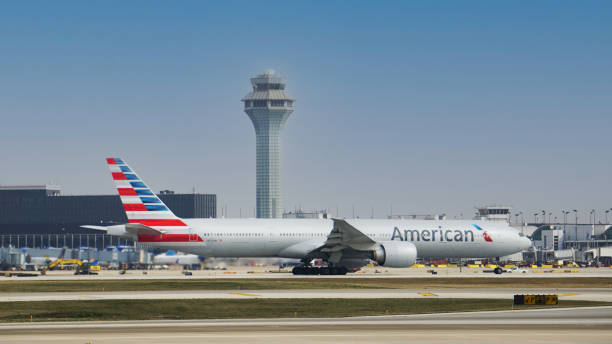 American Airlines Boeing 777 Lands at Chicago O'Hare stock photo