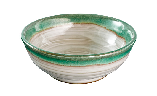 Ceramic bowl with green edge,  Empty bowl isolated on white background with clipping path, Side view