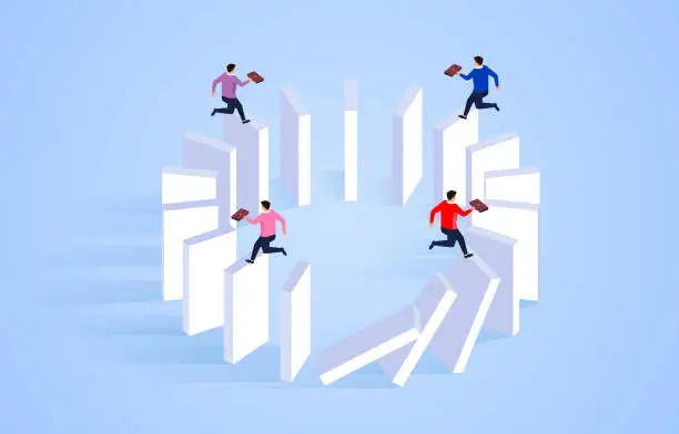 Vector illustration of Businessmen run around on the collapsed dominoes, a group of businessmen panicked