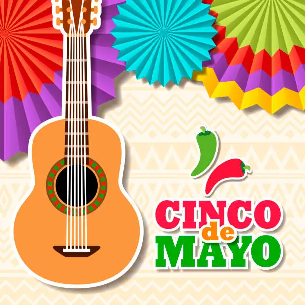 Vector illustration of Cinco De Mayo Paper Fans & Guitar