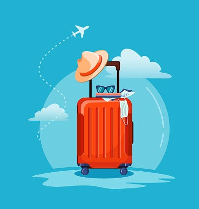 Travel concept vector illustration. Airplane flying above tourists luggage: suitcase, passport, tickets, medical mask and sunglasses. Vacation background.
