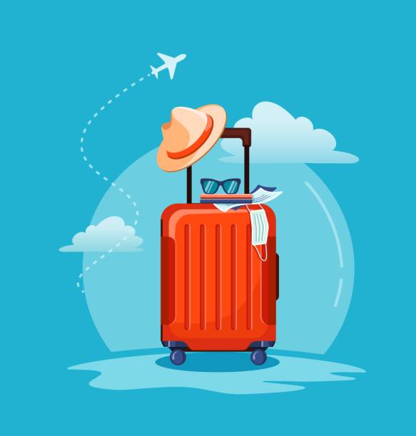 Airplane flying above tourists luggage: suitcase, passport, tickets, medical mask and sunglasses. Travel concept vector illustration. Airplane flying above tourists luggage: suitcase, passport, tickets, medical mask and sunglasses. Vacation background. travel destinations illustrations stock illustrations