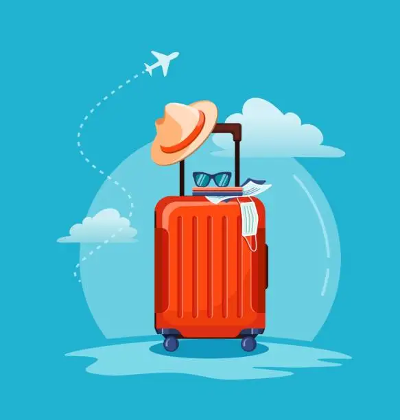 Vector illustration of Airplane flying above tourists luggage: suitcase, passport, tickets, medical mask and sunglasses.