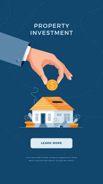 Vector illustration of Property investment concept. Businessman's hand puts the coin into house piggy bank for real property. Putting up of money to real property . Flat design vector illustration