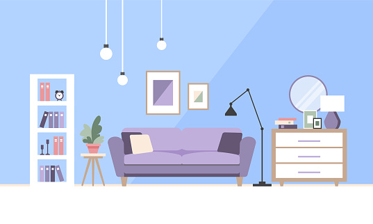 Living room interior with furniture. Sofa with pillows, pictures in frame and plants decoration. Vector illustration.