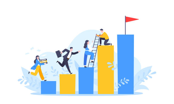 Business mentor helps to improve career and holding stairs steps vector illustration. Business mentor helps to improve career and holding stairs steps vector illustration. Mentorship, upskills and self development strategy flat style design business concept. skill illustrations stock illustrations