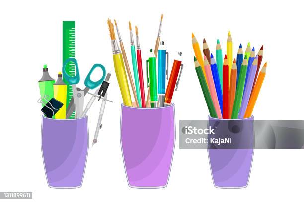 Set Of School Or Office Cups With Stationery Supplies Isolated On A White  Background Stock Illustration - Download Image Now - iStock