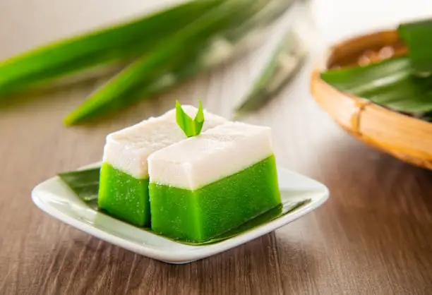 Photo of Kuih Talam made of pandan leaf and coconut - Malaysia traditional snacks from Peranakan Culture