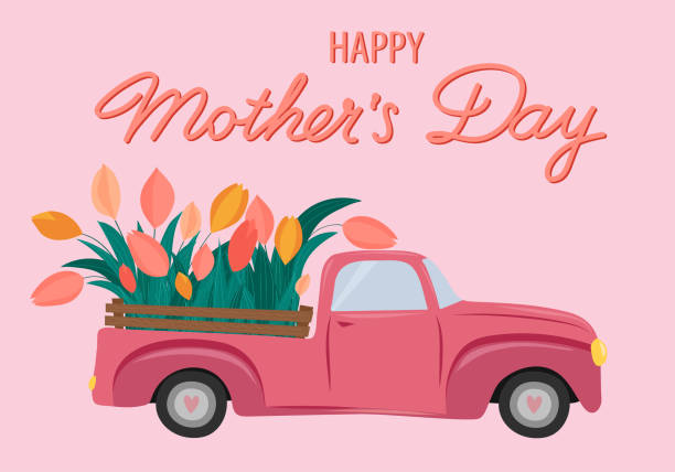 illustrazioni stock, clip art, cartoni animati e icone di tendenza di biglietto d'auguri per la festa della mamma felice. auto rosa con tulipani sul retro. - grace tulip flower pink