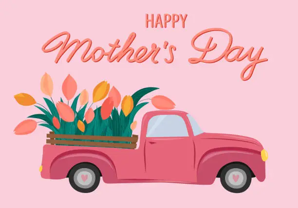 Vector illustration of Happy Mother's Day greeting card. Pink Car with tulips in the back.