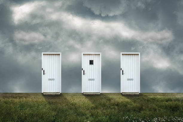 istock Three front doors, in a cloudy sky. Concept of choosing a life path. Business. 1311905225
