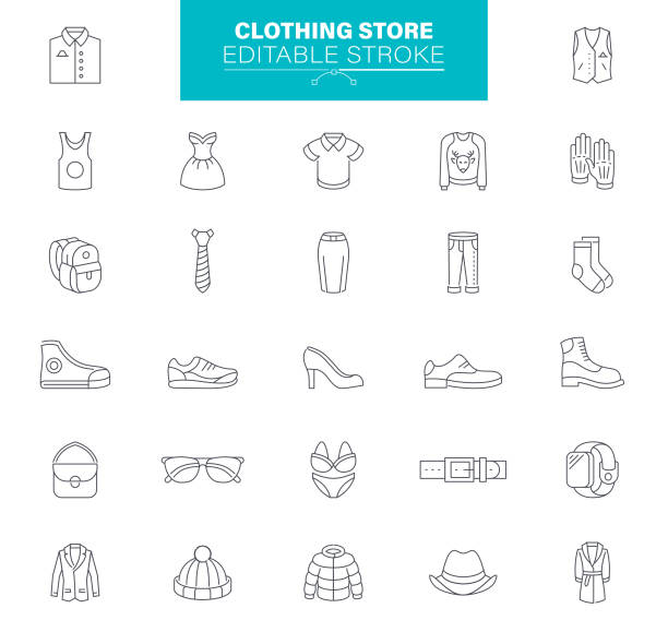 Clothing Icons Editable Stroke. Contains icons as Fashion, Jacket, T-Shirt, Coat, Shoe, Underwear, Skirt, Shirt, Dress Clothing and Fashion Outline Icon Set. Editable stroke mens fashion stock illustrations