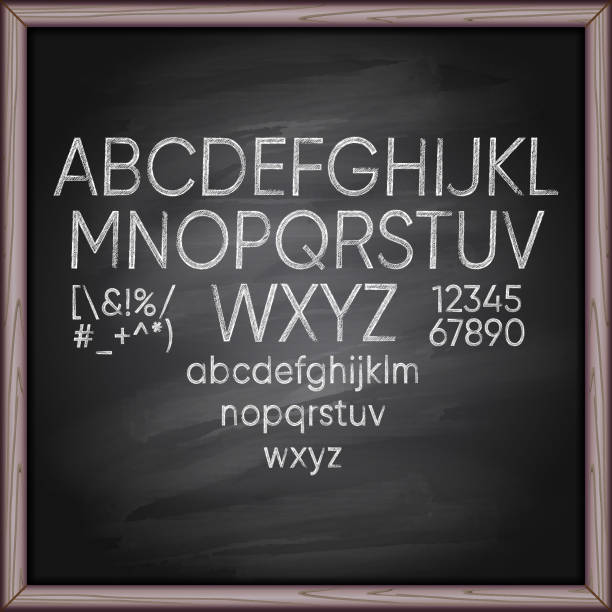 Chalk Alphabet on board Lettering, Typescript, Chalk - Art Equipment, Chalk Drawing, Blackboard, Letters, Blackboard writing on chalk board stock illustrations