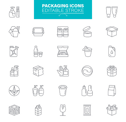 Food packagin icon set. Editable Stroke. Take Out Food, Distribution, Fast Food, Food Container