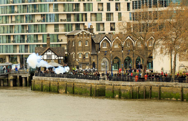 Royal Artillery perform Gun Salute for Prince Philip Royal Gun Salute at Tower of London in memorial to Prince Philip - Duke of Edinburgh on his death on 9th April 2021.  Tower of London, UK, 10th April 2021 prince phillip stock pictures, royalty-free photos & images