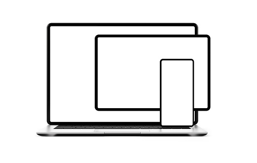 Digital Devices template, Portable laptop computer and mobile phone isolated on white background.